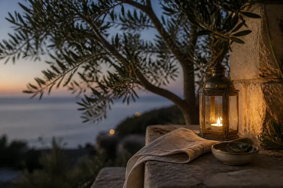 Φανάρι και κλαδιά ελιάς με θέα στη θάλασσα