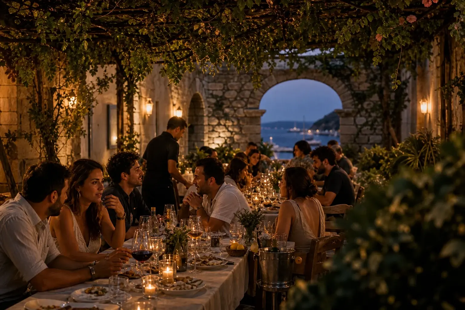 Παρέες απολαμβάνουν δείπνο κάτω από κληματαριά